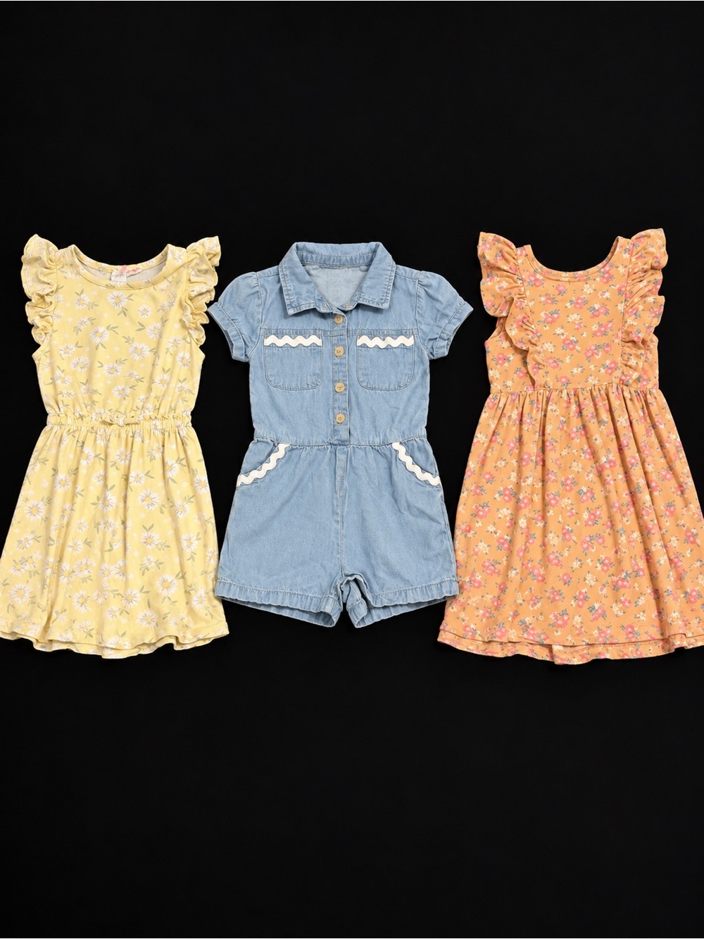 Girls Denim Short-Sleeve Romper with Scallop Trim - Blue